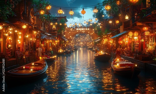 Night View of Canal with Boats and Illuminated Lanterns in Old Town Setting

 photo