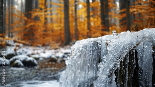 Ice-covered rock in a serene forest stream surrounded by autumn foliage and trees