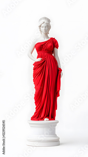 White marble Greek woman statue wearing red dress isolated on white background photo