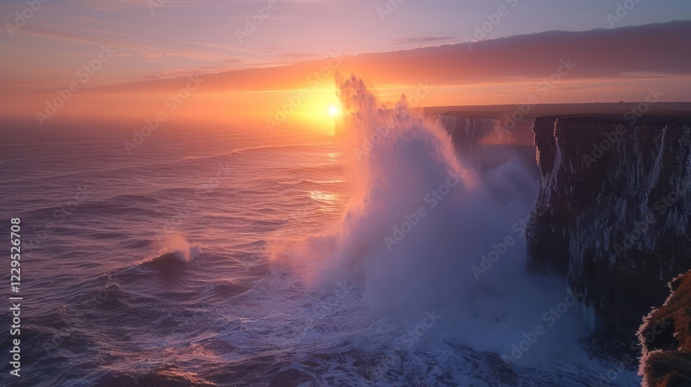 Fototapeta premium Majestic sunset over crashing waves against rugged cliffs, highlighting nature's beauty and power