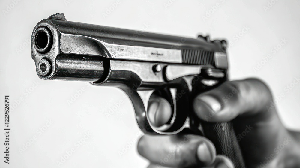 Hand holding handgun, light background, potential danger, close up Hand holding handgun, light background, potential danger, close up