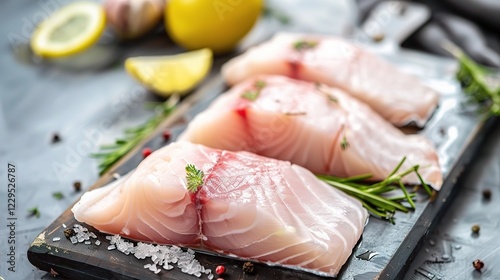 A Magnificent and Distinctive Cod Fish: A Prime Seafood in the Ocean Realm. This large - sized, silver - hued fish is a staple in the seafood market photo