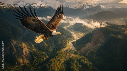 Majestic Bald Eagle Soaring Over a Picturesque Canyon photo