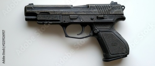 Handgun isolated on white background, potential evidence photo
