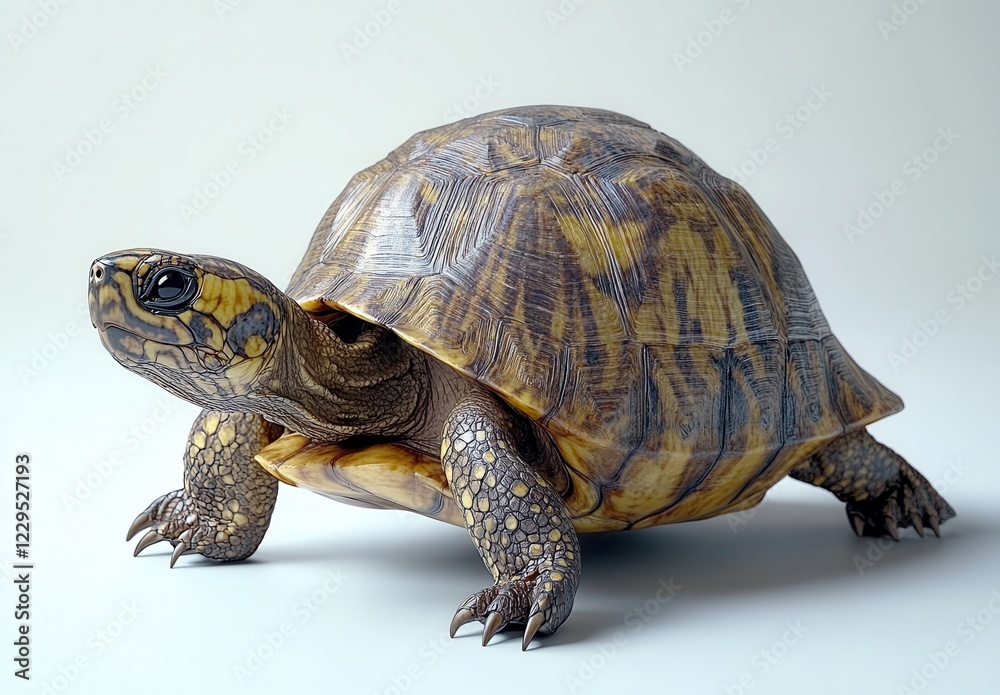 Fototapeta premium Realistic detail of a beautiful tortoise with intricate skin patterns and textures against a neutral background showing its unique features and natural colors