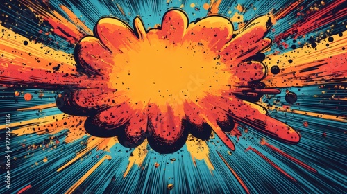 Fun comicstyle speech bubble erupting in a colorful explosion dynamic lines and splashes of bright colors radiating outwards in an abstract background
