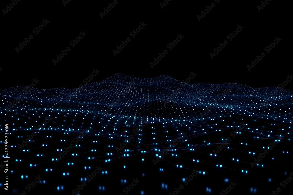 Fototapeta premium Abstract 3D Landscape Forms Glowing Blue Grid on a Dark Background with Futuristic Design Elements
