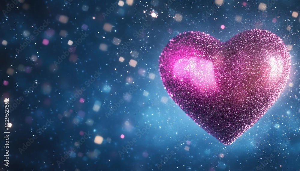 Obraz premium Glowing Pink Glitter Heart on a Blue Sparkle Background Romantic Valentine's Day Design