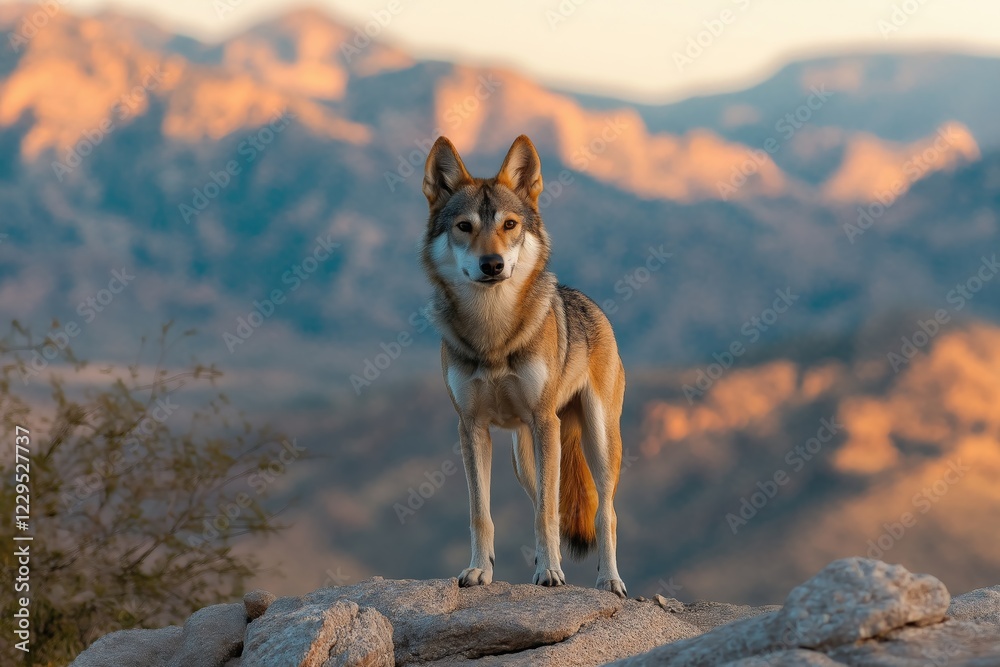 Majestic wolfdog standing on rocks against a stunning mountain backdrop, bathed in the warm glow of sunset, captures the essence of wildlife in its natural habitat Majestic wolfdog standing on rocks against a stunning mountain backdrop, bathed in the warm glow of sunset, captures the essence of wildlife in its natural habitat