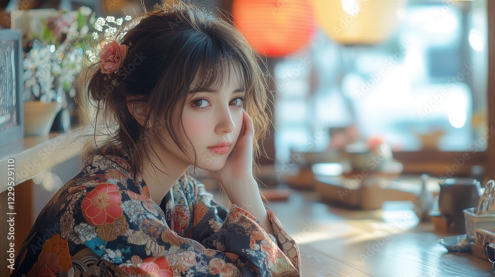 A young woman in a traditional Japanese kimono looks thoughtfully at the camera while sitting at a wooden table in a cafe. A young woman in a traditional Japanese kimono looks thoughtfully at the camera while sitting at a wooden table in a cafe.