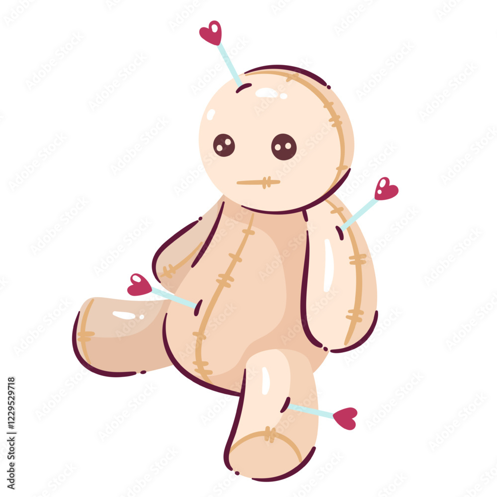 Obraz premium Cartoon Cursed doll. Voodoo doll with needles, pins with hearts and stitches. A magical tool for sorcery. Anti Valentine's day concept, cartoon vector illustration.
