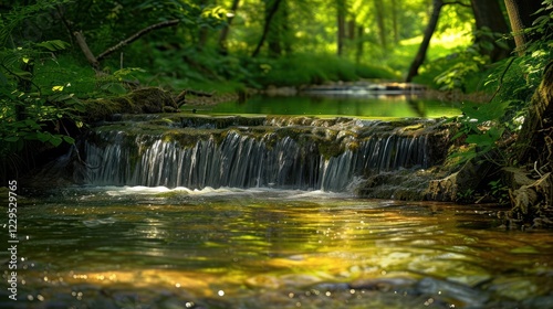 Serene forest stream cascading over rocks in a lush green landscape with sunlight filtering through