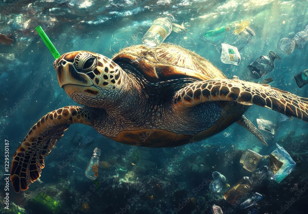 Fototapeta premium Sea turtle swimming gracefully through polluted ocean waters filled with plastic waste, highlighting environmental challenges and the need for ocean conservation efforts.