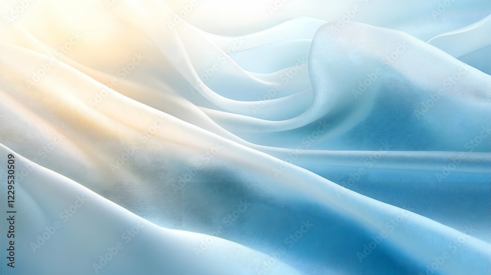 Obraz premium Blue silk fabric drapes, sunlight, soft background, textile design
