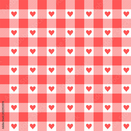 Heart pattern seamless red vector. Valentine's Day gift wrapping paper design with classic retro check gingham pattern.