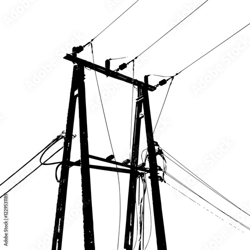 Black and white utility pole silhouette. Isolated graphics of electric power lines and post.