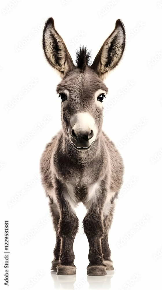 Adorable Donkey Foal Stands Proudly on a White Background, Ears Perked, Eyes Wide. Adorable Donkey Foal Stands Proudly on a White Background, Ears Perked, Eyes Wide.