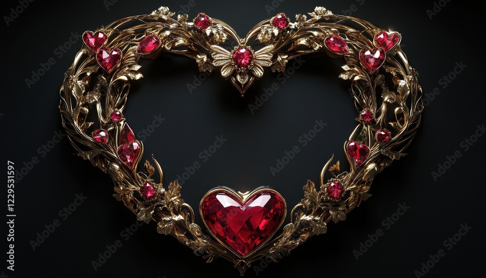 Obraz premium Ornate Gold and Red Ruby Heart Frame on Dark Background