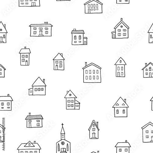 Hand drawn cartoon style home seamless pattern. Doodle black white vector illustration background.