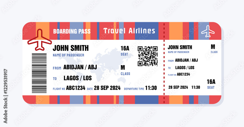 Ticket to Lagos, Nigeria from Abidjan. Boarding pass template with generic data. Travel flight ticket vector illustration with QR code.