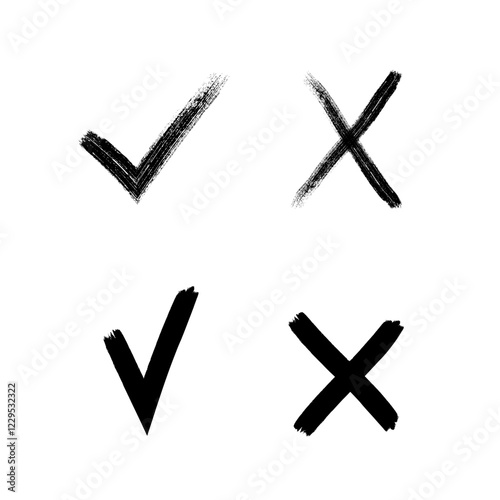 Tick mark and X cross hand drawn symbol set. Grunge design elements for yes and no answer. True or false choice icon.