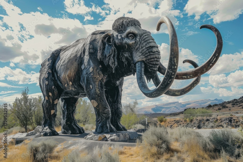 Fototapeta premium Large mammoth statue standing in a desert landscape under a bright blue sky