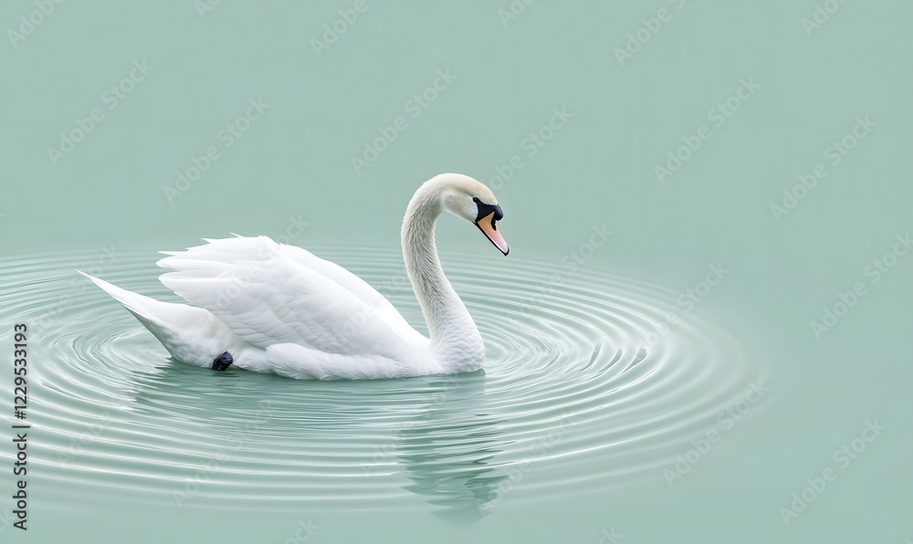 Fototapeta premium Elegant swan swimming serene lake, calm water, peaceful background, nature poster