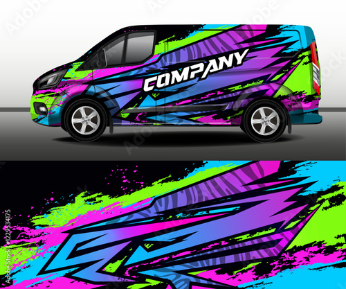 Vector design of delivery van. Bright abstract stripes and paint splashes racing background for car wrap, racing car, rally and adventure. Car design development for company.