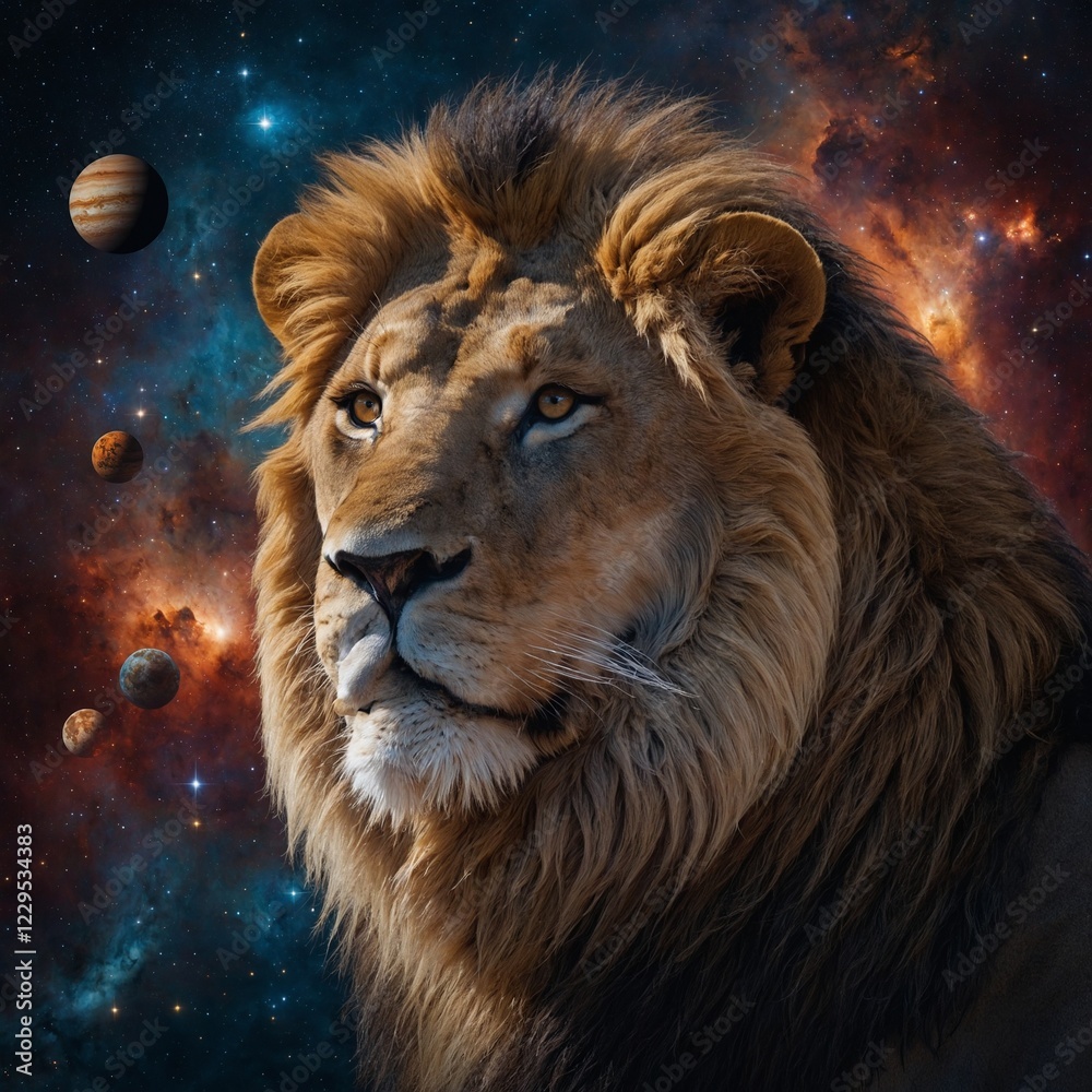 Fototapeta premium Lion with a celestial background of planets and galaxies