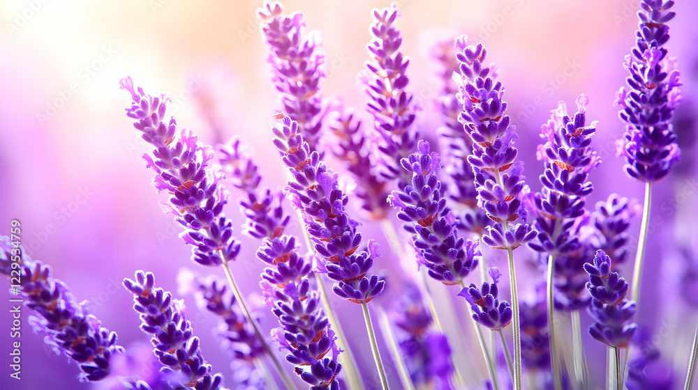 Fototapeta premium Lavender Flowers Bloom Beautifully in a Softly Lit Field with Gentle Purple Hues and Sunlight.