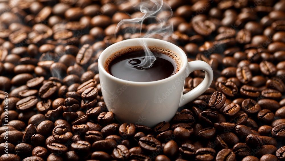 Steaming coffee cup surrounded by roasted beans Steaming coffee cup surrounded by roasted beans
