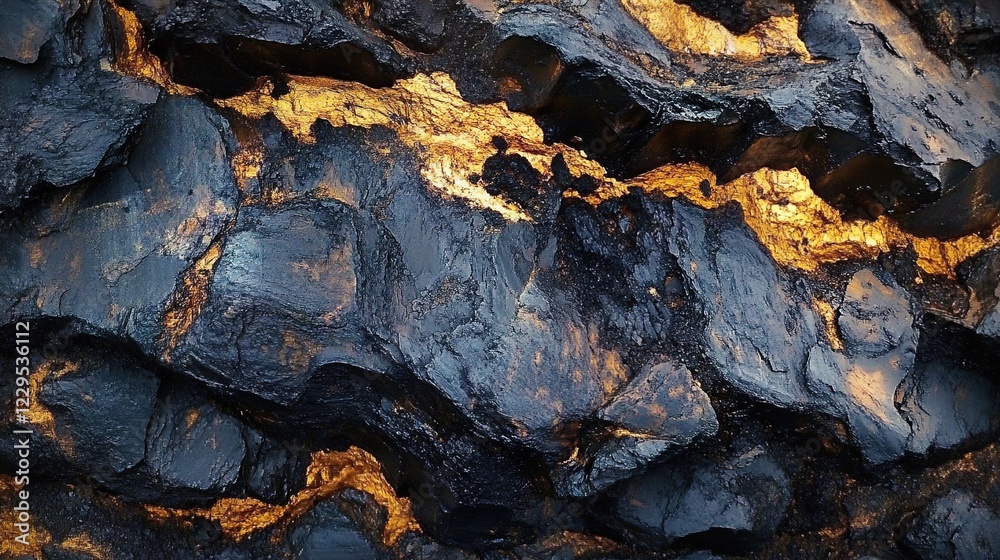 A close-up of the texture and color of coal, with its dark gray appearance, illuminated by golden sunlight, creating an atmosphere reminiscent of industrial landscapes A close-up of the texture and color of coal, with its dark gray appearance, illuminated by golden sunlight, creating an atmosphere reminiscent of industrial landscapes