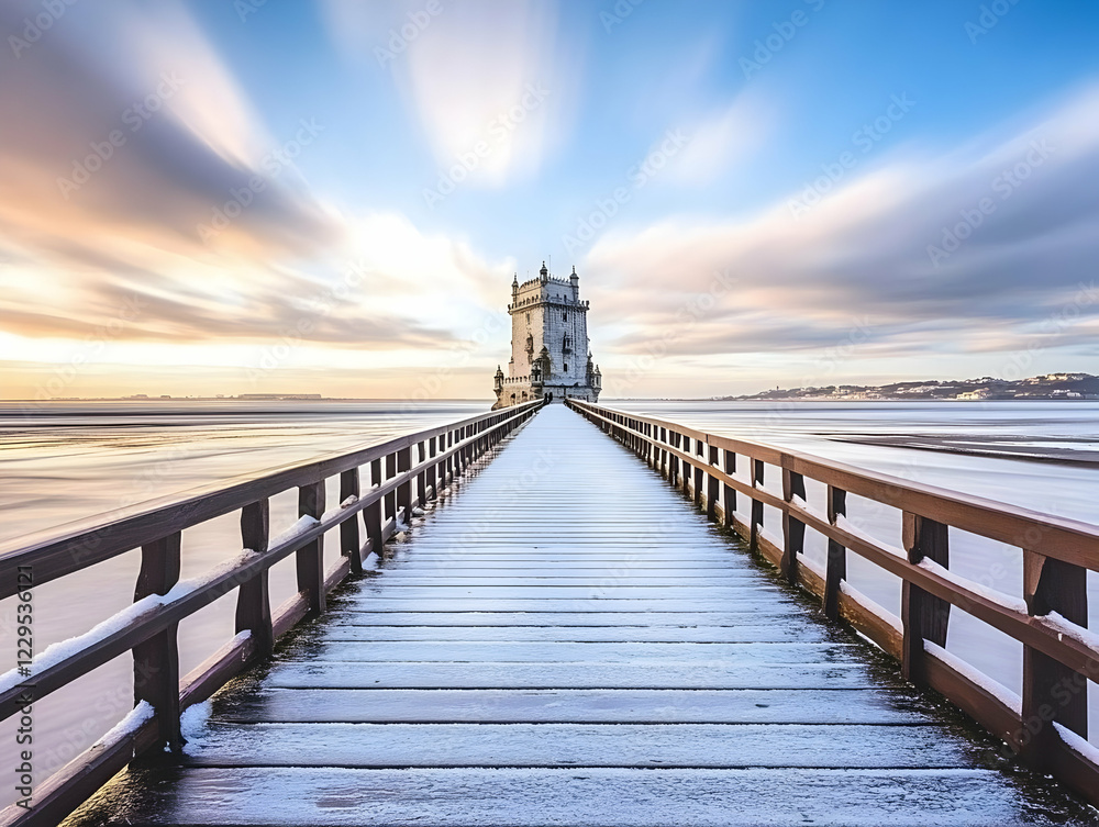 Fototapeta premium Snowy Wooden Pier Leads to Majestic Tower Across Icy Water Under Pastel Sky at Sunrise