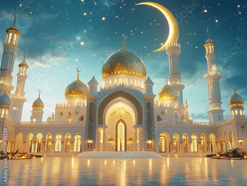 Stunning 3D Illustration of a Mosque with a Golden Dome and Minarets. photo