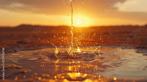 Vibrant sunset reflecting on water with splashes creating a serene atmosphere in nature photo