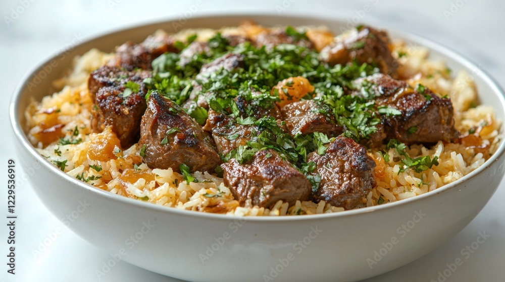 Lamb and rice dish with herbs, caramelized onions, kitchen table setting Lamb and rice dish with herbs, caramelized onions, kitchen table setting