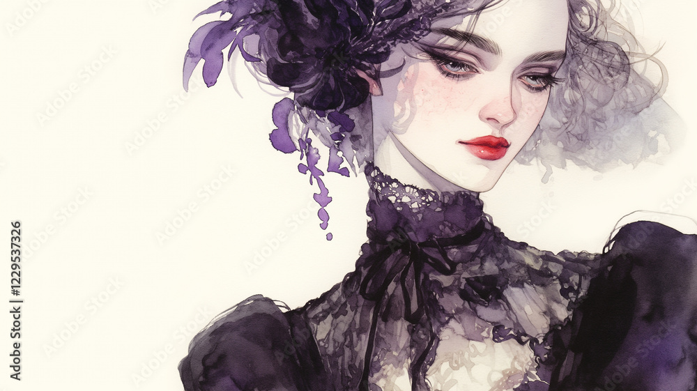 Fototapeta premium クラシカルゴシック｜黒いレースと赤薔薇の美しき女性