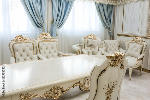 Elegant White and Gold Dining Set Complements a Luxurious Interior with Blue Curtains Gracefully. photo