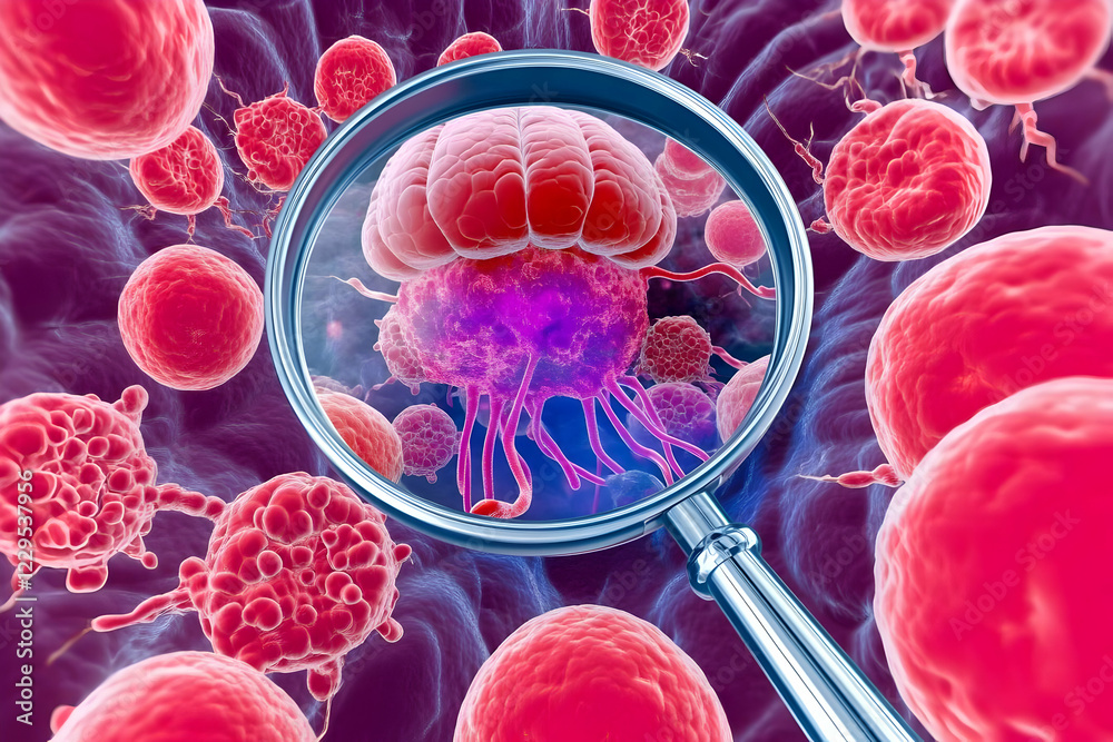 Fototapeta premium Magnifying Glass Examines Cancer Cell Development and Proliferation in Tissue Sample.