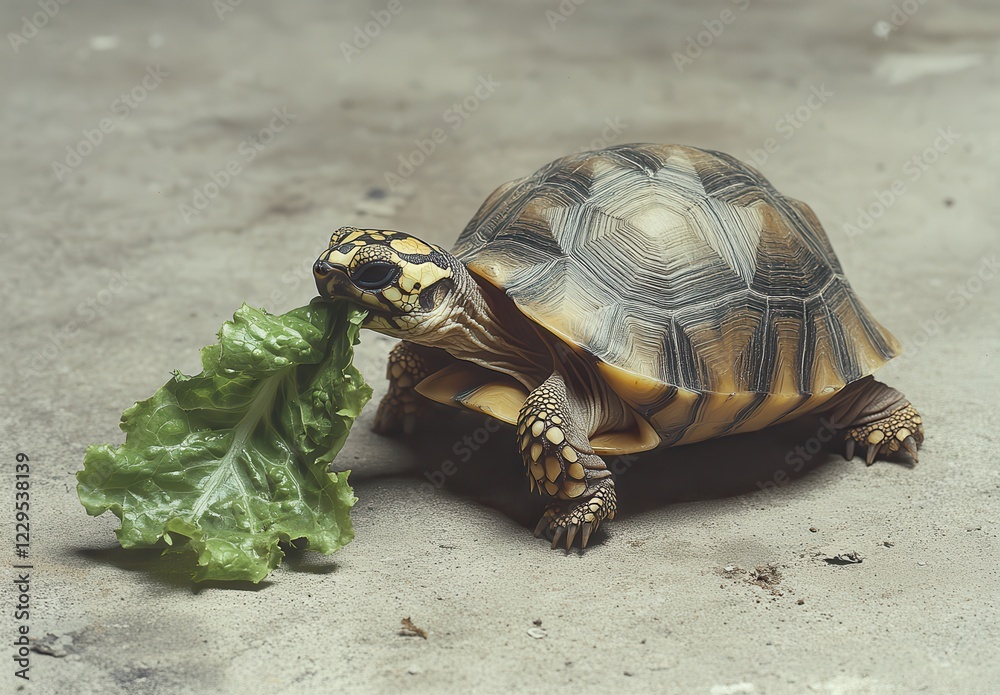 Obraz premium Tortoise Eating Fresh Green Lettuce on Gray Concrete Background in Natural Light Setting