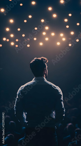 Man Stands Backlit on Stage...