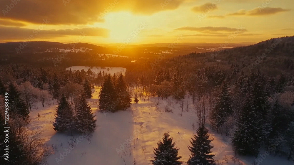 Fototapeta premium Golden Sunset Winter Forest Aerial View Snowy Landscape Sky Cold Pine Wood Trees White Nature Season