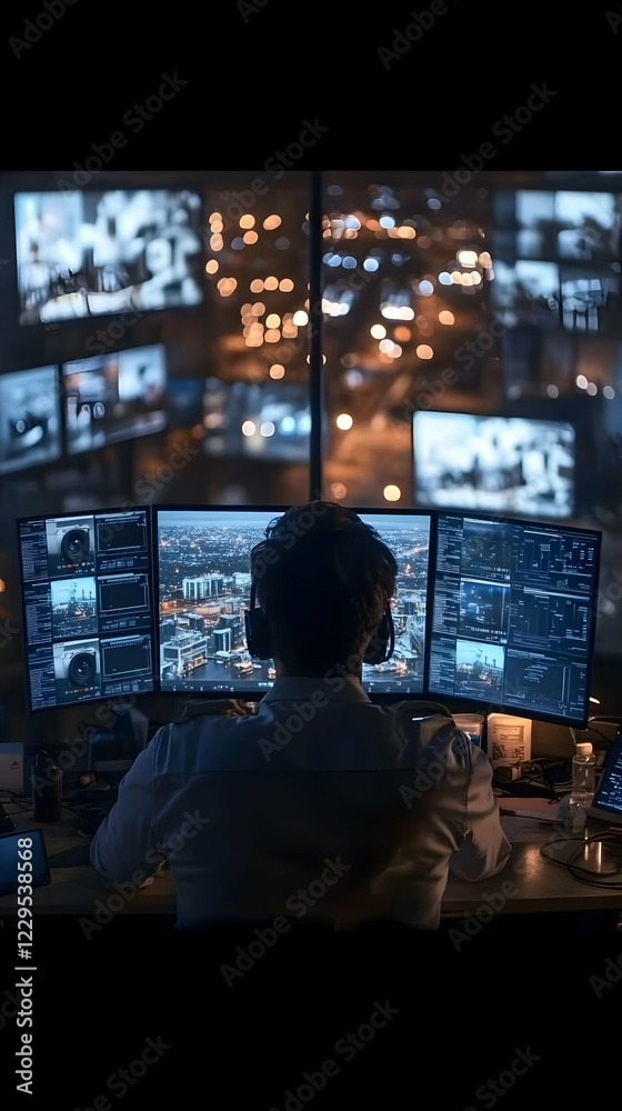 Security Officer Monitors Multiple Screens Showing City Views and Data Feeds at Night. Security Officer Monitors Multiple Screens Showing City Views and Data Feeds at Night.