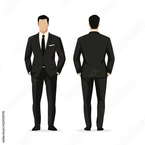 Vector illustration of a businessman in a black suit, white shirt, and tie, shown from front and back. Ideal for corporate, professional, and formal attire-related designs.