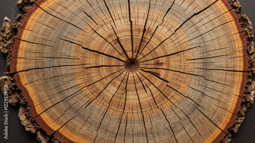 High-resolution aged wood cross-section with intricate tree rings, ideal for rustic home decor, eco-friendly branding, and nature-themed marketing.