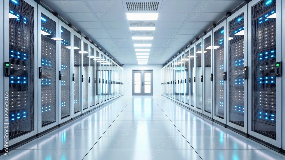 Modern Data Center Interior with Server Racks and Bright Overhead Lighting Modern Data Center Interior with Server Racks and Bright Overhead Lighting