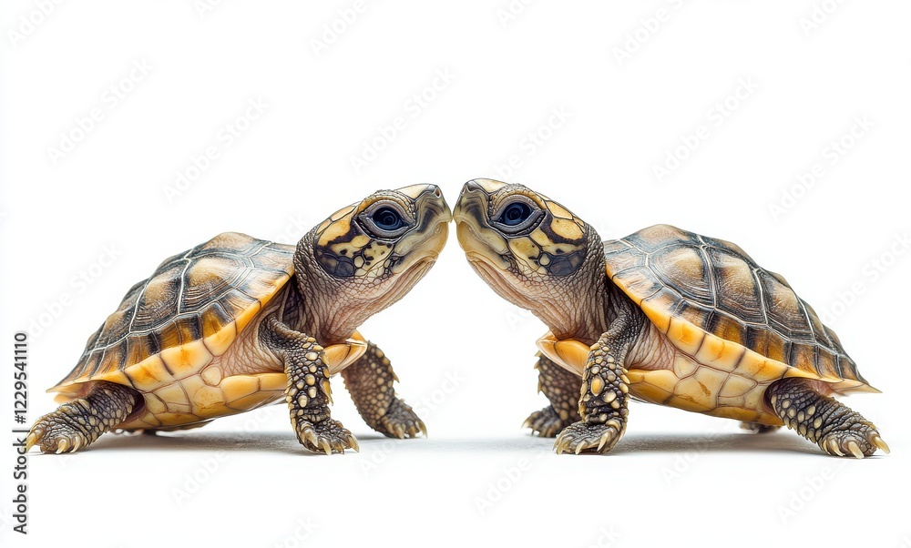 Obraz premium Two Turtles Facing Each Other on a White Background, Capturing Nature's Beauty and Playful Behavior in Close-Up Detail and Vibrant Colors