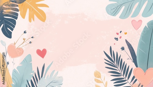 Romantic Tropical Leaf and Heart Design with Pastel Pink Background