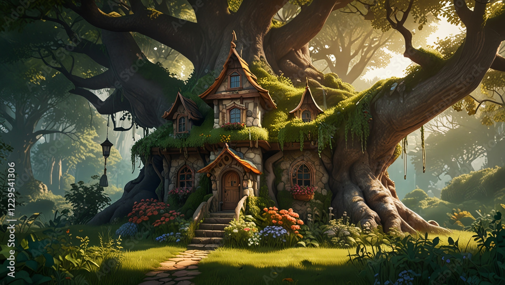 Fototapeta premium illustration An enchanting fantasy house among towering trees on a sunny day