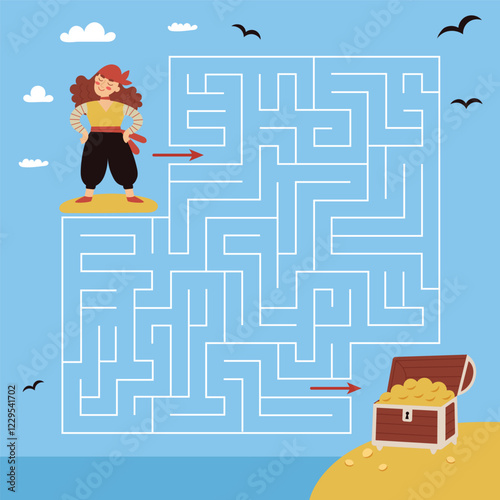 Pirate maze, labyrinth, game for kids .Help the pirate find the way to the treasure.Vector flat cartoon illustration